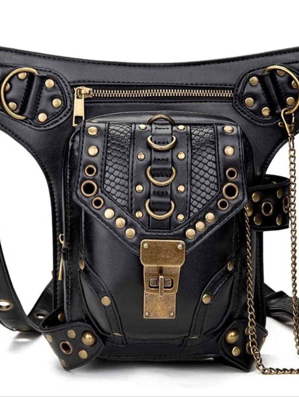 Steam Punk Black Studded Faux-Leather 3-Way Hip Leg/Back Pack Holster Bag